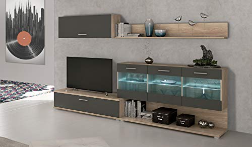 HomeSouth - Mueble de Comedor, modulo Salon Vitrina con Led, Modelo Zafiro, Acabado Color Roble y Grafito, Medidas: 250 cm (Ancho) x 39,6 cm (Fondo)