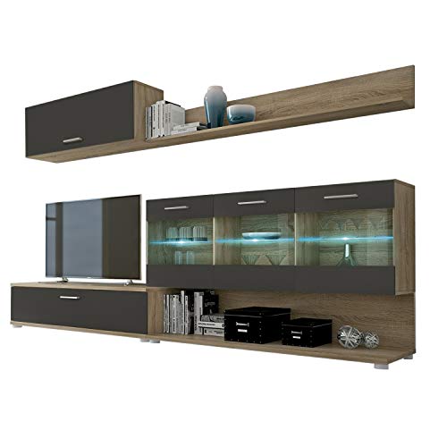 HomeSouth - Mueble de Comedor, modulo Salon Vitrina con Led, Modelo Zafiro, Acabado Color Roble y Grafito, Medidas: 250 cm (Ancho) x 39,6 cm (Fondo)