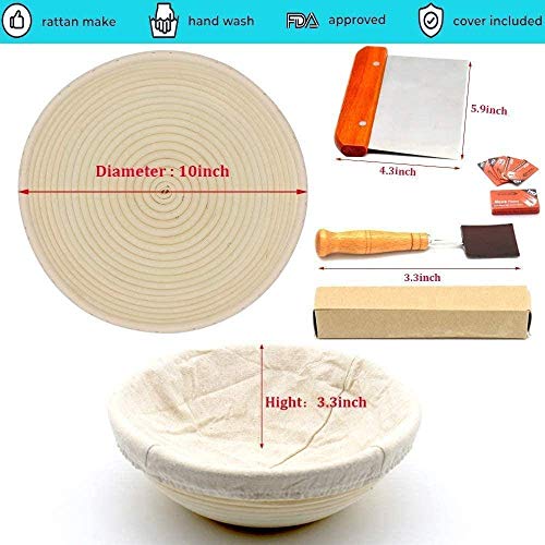 Hornear tazón Regalos for Pan Artesanal Hacer de Arranque, 10" Ronda de Pan de Masa fermentada de corrección de la Cesta por, Incluye Ropa de línea, Metal Masa raspador. ZHANGKANG