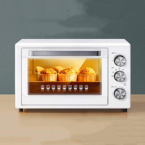 Horno de mesa blanco de 32 l, horno de pizza inteligente multifuncional para hornear en el hogar, puerta de vidrio a prueba de explosiones, temporizador de 60 minutos, 100-230 ℃, bandeja de escoria d