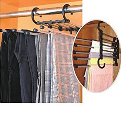 Hosaire 5 En 1 de Acero Inoxidable Pantalones de Múltiples Propósitos Perchas Vaqueros Organizador de Ropa Estante de Almacenamiento Plegable Espacio Ahorro Rack para Colgar 35 * 19 * 15CM (Negro1)