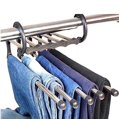 Hosaire 5 En 1 de Acero Inoxidable Pantalones de Múltiples Propósitos Perchas Vaqueros Organizador de Ropa Estante de Almacenamiento Plegable Espacio Ahorro Rack para Colgar 35 * 19 * 15CM (Negro1)