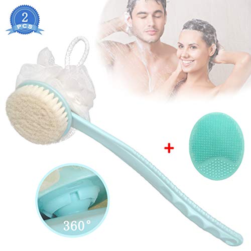 HOTLIKE Cepillo Espalda Ducha, 2 PCS, Cuerpo Cepillo + Cepillo Limpiador Facial Silicona, 2 in 1 Cepillo de Baño con Cerdas y Esponjas de Baño, Exfoliación Depurador Espuma Rica y Mango Largo