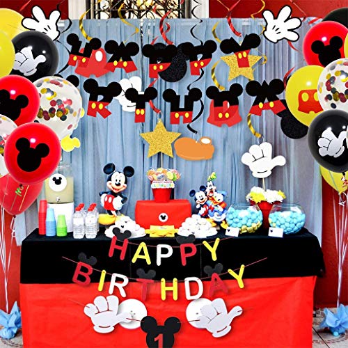 Houstory Decoración de Fiesta temática de Mickey Cumpleaños, Globos de látex Negro Rojo de Mickey Mouse pancartas de Happy Birthday Globos de Confeti Colores para Fiestas de Cumpleaños Niños