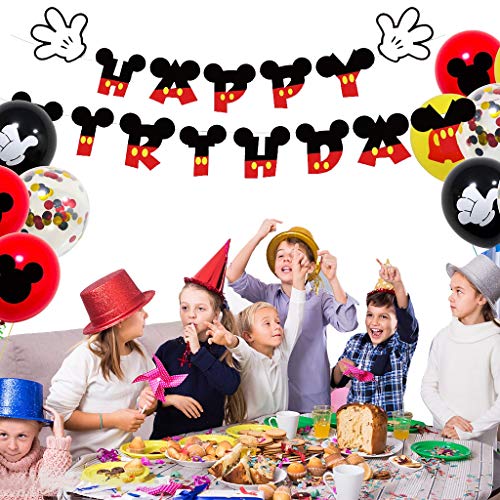 Houstory Decoración de Fiesta temática de Mickey Cumpleaños, Globos de látex Negro Rojo de Mickey Mouse pancartas de Happy Birthday Globos de Confeti Colores para Fiestas de Cumpleaños Niños