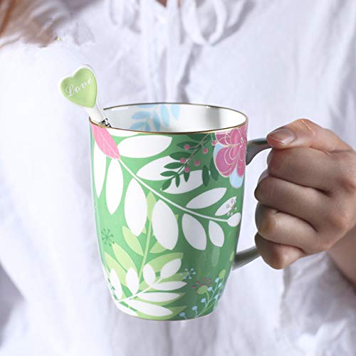 HRDZ Taza de Porcelana de Hueso Pareja en Taza Taza de café del Hotel Taza de cerámica Amarilla Que representa una Taza de Oro con Cuchara Verde 480ml