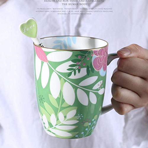 HRDZ Taza de Porcelana de Hueso Pareja en Taza Taza de café del Hotel Taza de cerámica Amarilla Que representa una Taza de Oro con Cuchara Verde 480ml