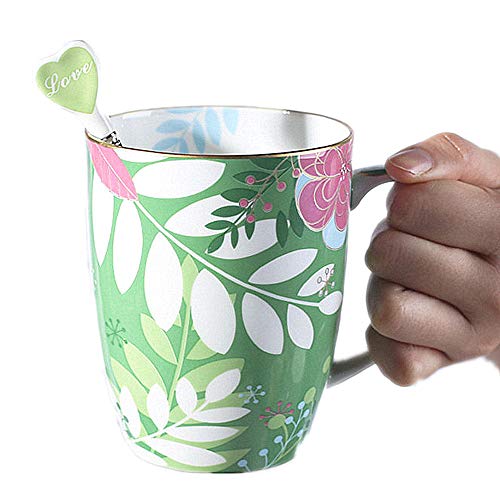 HRDZ Taza de Porcelana de Hueso Pareja en Taza Taza de café del Hotel Taza de cerámica Amarilla Que representa una Taza de Oro con Cuchara Verde 480ml