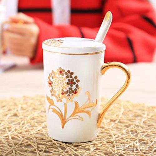 HRDZ Taza Hotel Cafe Hombres y Mujeres Taza de cerámica de Alto Grado con Tapa con Cuchara Hueso China Taza Personalidad 350ml Taza Pareja Taza E 350ml