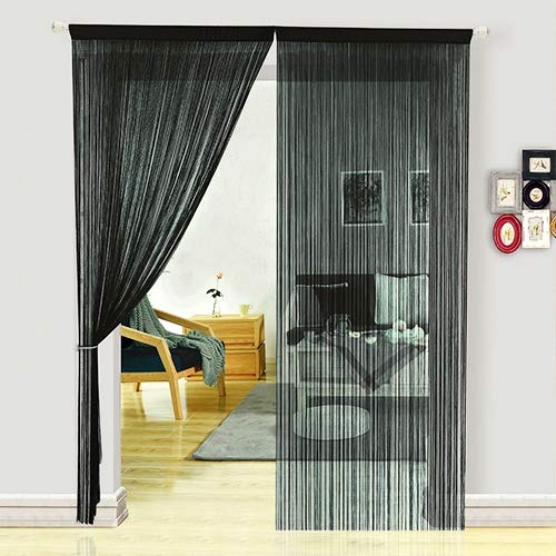 HSYLYM cortina espagueti para Puerta,ivisor de habitación,decoración del hogar,poliéster,negro,90x245cm