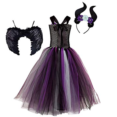 IBTOM CASTLE Disfraz Infantil de Maléfica Bruja Vampiresa Payaso Niña Princesa Vestido con Devil Horns Tutú Tul Ropa de Fiesta Actuación Halloween 03-Negro 7-8 Años