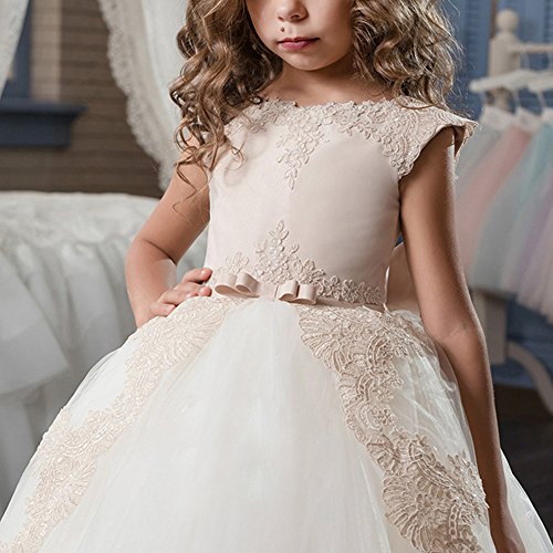 IBTOM CASTLE Vestido de niña de Flores para la Boda Niñas Niños Largo Gala Encaje De Ceremonia Fiesta Elegantes Comunión Paseo Baile Pageant #9 Beige + Blanco 8-9 años