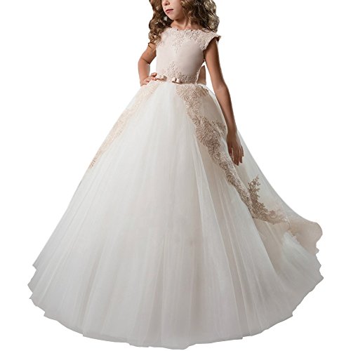 IBTOM CASTLE Vestido de niña de Flores para la Boda Niñas Niños Largo Gala Encaje De Ceremonia Fiesta Elegantes Comunión Paseo Baile Pageant #9 Beige + Blanco 8-9 años