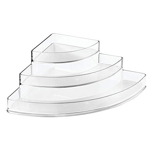 iDesign Especiero con 3 niveles, estantería esquinera de plástico con diferentes alturas para cocina, organizador de armarios para especias, latas, etc. transparente