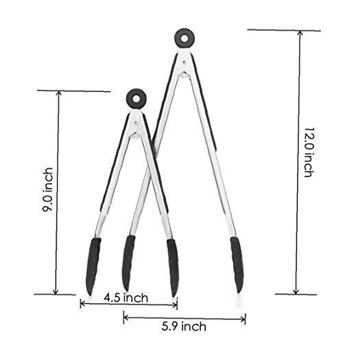 iHOMIKI 2pcs de cocinas Premium Silicona Pinzas 9"y 12" - Antideslizante Agarre fácil de Acero Inoxidable Mango Inteligente traba de Seguridad para cocinar Sirviendo (Negro)