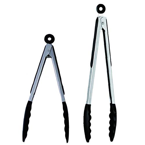 iHOMIKI 2pcs de cocinas Premium Silicona Pinzas 9"y 12" - Antideslizante Agarre fácil de Acero Inoxidable Mango Inteligente traba de Seguridad para cocinar Sirviendo (Negro)