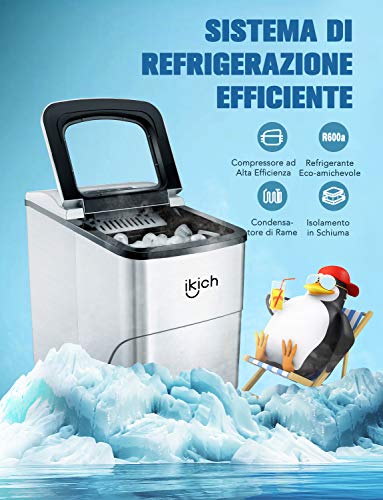 IKICH Máquina para Hacer Hielo, 12 kg/24 h, Entre 6 y 8 Minutos, Silenciosa, 2 Tamaños de Cubitos, 2 L • 120 W, Acero Inoxidable, Plata, maquina hielo con cuchara de hielo y cesta