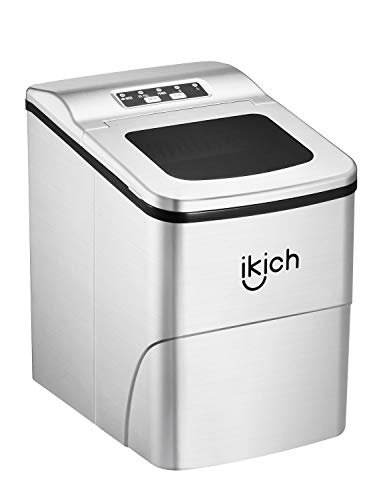 IKICH Máquina para Hacer Hielo, 12 kg/24 h, Entre 6 y 8 Minutos, Silenciosa, 2 Tamaños de Cubitos, 2 L • 120 W, Acero Inoxidable, Plata, maquina hielo con cuchara de hielo y cesta