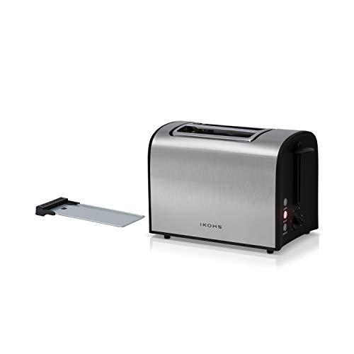 IKOHS Supreme Toast - Tostadora 2 Rebanadas, Acabado en Acero Inoxidable, 920 W, Bandeja Recogemigas, Recalentar, Descongelar y Cancelar, Libre de BPA, Bandeja Recogemigas, Recogecables, Gris