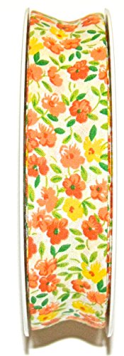 Inastri - Cinta bies de algodón, Rollo de 20 m x 1 Pulgada, Estampado Floral Naranja y Amarillo