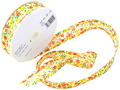 Inastri - Cinta bies de algodón, Rollo de 20 m x 1 Pulgada, Estampado Floral Naranja y Amarillo