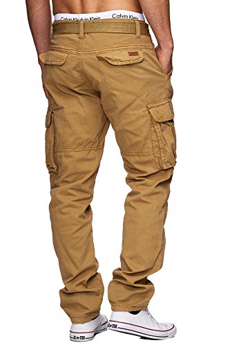 Indicode Caballeros William Pantalón Cargo En Algodón con 7 Bolsillos Y Cinturón Incluido | Largo Regular Fit Pantalones De Tiempo Libre Senderismo Trekking Aire para Hombres Amber S