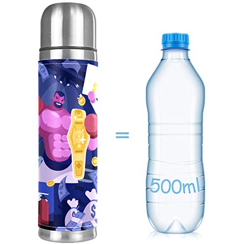 Indimization Campeón de Boxeo de Dibujos Animados Botella de Agua de 500 ml / 17 oz con Aislamiento térmico, Taza de Viaje de Acero Inoxidable de Doble Pared, Agua Caliente y Agua fría Las 24 Horas