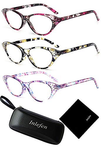 Inlefen Gafas de lectura para mujer Spring Bisagra Ladies Vintage Cat Eye Readers Gafas con diamantes de imitación 1.00 to 4.00