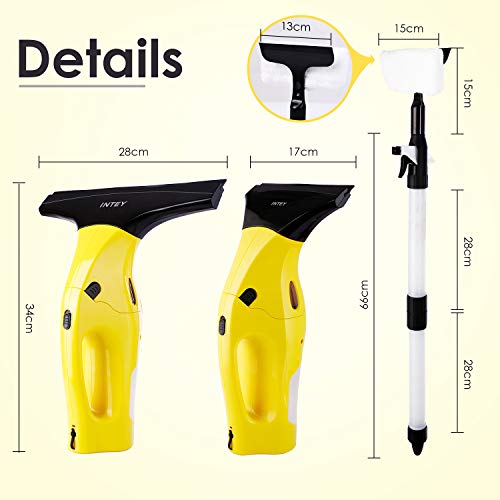 INTEY Aspirador de Ventanas 120ml, Limpiacristales con 2 cañarías de Agua，Boquillas 17/28cm, Duración Más de 35 Minutos 12W y 68 dB(A)