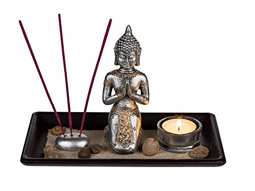 Invero Modern Buddha - Juego de decoración de estatua para quemador - Bandeja de madera, portavelas de cristal, 3 varillas de incienso con soporte, piedras y decoración de arena, color negro