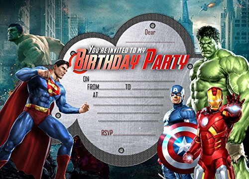 Invitaciones de fiesta de cumpleaños para niños. Diseño de superhéroes, héroes de Marvel, los Vengadores. 10 tarjetas con sobre
