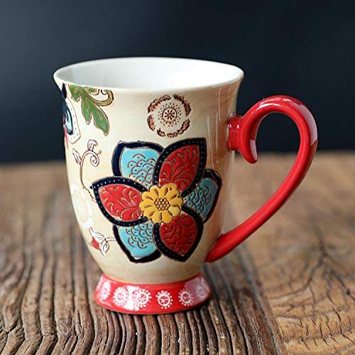 IRCATH Taza Dibujo Divertido - Vintage Flower Country Ceramic Cup vajilla Taza Taza de Agua Taza de Oficina Pintada a Mano Pura Taza de Leche Taza de café 450ml