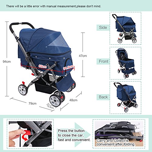 IREENUO Carrito para Mascotas Plegable para Perros Gatos con Cuatro Ruedas Rueda Delantera a Prueba de Golpes Rotación de 360 Grados Mascota Carrito de Viaje para 30 kg (Azul)