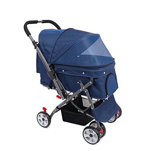 IREENUO Carrito para Mascotas Plegable para Perros Gatos con Cuatro Ruedas Rueda Delantera a Prueba de Golpes Rotación de 360 Grados Mascota Carrito de Viaje para 30 kg (Azul)