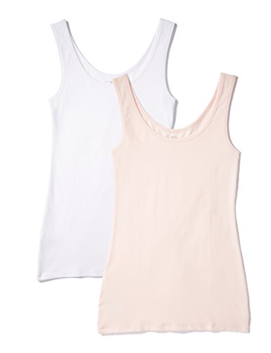 IRIS & LILLY Camiseta de Tirantes de Algodón para Mujer, Pack de 2, 1 x Blanco & 1 x Rosa Claro, Small