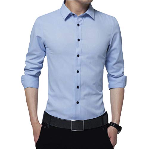 Irypulse Camisa de Hombres Corte Cuello Camisa de Planchado sin Arrugas Manga Larga clásico Slim Fit Seda de algodón Elástica Casual Formal Negocio para Hombre,Azul Claro-2XL