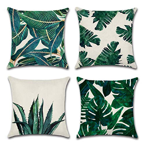 ISIYINER Fundas de Cojín Paquete de 4 Lino Impreso Decorativa Caso de Almohada Cuadrado Fundas de Almohada Serie de Hojas Tropicales para Sofá Coche Cama 45 cm x 45 cm