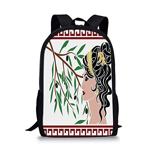 Ives Jean Mochila Escolar Mochila universitaria Fiesta de Toga Mochila Escolar Elegante, Perfil mitológico de Afrodita y Marco de Bordes griegos de Rama de Olivo Estampado para niño