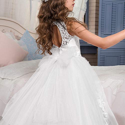 IWEMEK Appliques Vestido de Primera Comunión Princesa Vestido de Niña de Flores Vestidos de Dama De Honor de Cordón Tul Boda Sin Mangas Cumpleaños Bola Navidad Pageant Cóctel Fiesta Vestir 10-11