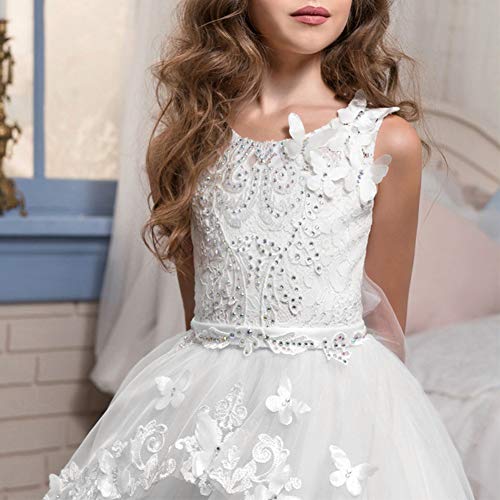 IWEMEK Appliques Vestido de Primera Comunión Princesa Vestido de Niña de Flores Vestidos de Dama De Honor de Cordón Tul Boda Sin Mangas Cumpleaños Bola Navidad Pageant Cóctel Fiesta Vestir 10-11