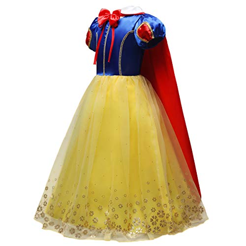 IWEMEK Traje de Princesa Blancanieves Disfraz de Carnaval con Cabo Vestido de Cosplay para Niñas Disfraces de Halloween Navidad Cumpleaños Pageant Comunión Fiesta 5-6 Años