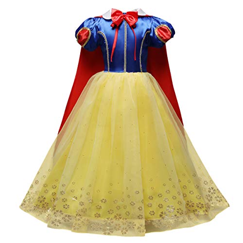 IWEMEK Traje de Princesa Blancanieves Disfraz de Carnaval con Cabo Vestido de Cosplay para Niñas Disfraces de Halloween Navidad Cumpleaños Pageant Comunión Fiesta 5-6 Años