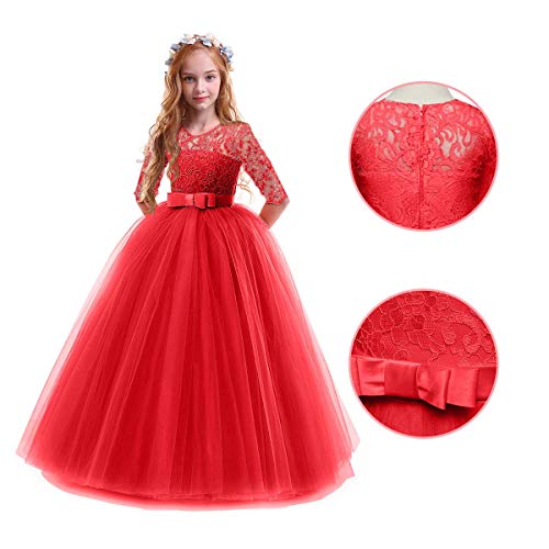 IWEMEK Vestidos de Princesa Fiesta de la Boda de Las Niñas 3/4 Largo Manga Tul Vestidos de Dama De Honor Fiesta Graduación Comunión Cumpleaños Paseo Baile Cóctel Vestido de Novia 2-3 Años