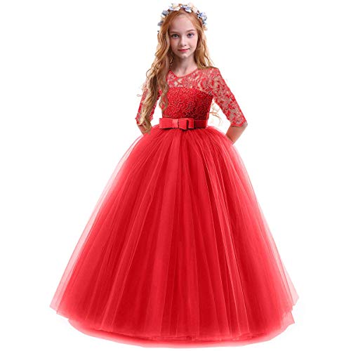 IWEMEK Vestidos de Princesa Fiesta de la Boda de Las Niñas 3/4 Largo Manga Tul Vestidos de Dama De Honor Fiesta Graduación Comunión Cumpleaños Paseo Baile Cóctel Vestido de Novia 2-3 Años