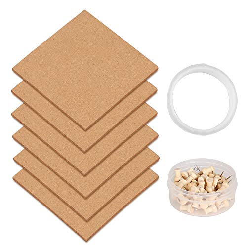 IZSUZEE Corcho Pared Autoadhesivo, Corchos Para Pared Cuadrado 6 pcs, con 60 Chinchetas Para Corcho, 1 Pegamento, Decoracion Habitacion, Utilizada Para la Decoracion Pared de la Oficina del Dormitorio