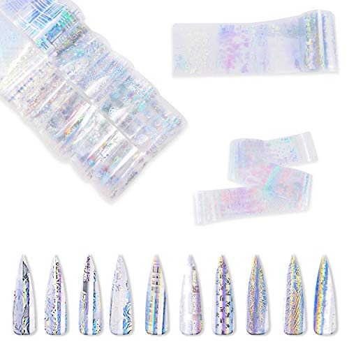 J TOHLO Nail Art Foil Nail Stickers Tips Wraps Foil Transfer Sticker Holográfico Láminas para Manicuras Diseños DIY Uñas(Transparente)