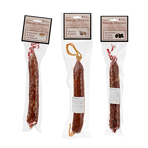 Jamones Bronchales - Lote de Embutidos de Jabalí - Salchichón de Boletus, Salchichón Trufado y Chorizo Cular - 300gr aprox cada uno - Curación mínima 3 Meses