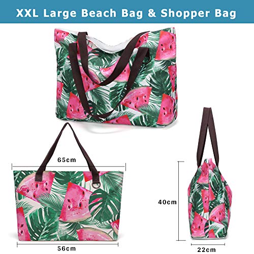 JANSBEN Bolsa de Playa Grande con Cremallera XXL Shopper Bolsa de Hombro Bolsos Totoes Bolso de Mano para Mujer Hombre (sandía)