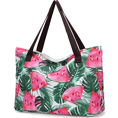 JANSBEN Bolsa de Playa Grande con Cremallera XXL Shopper Bolsa de Hombro Bolsos Totoes Bolso de Mano para Mujer Hombre (sandía)