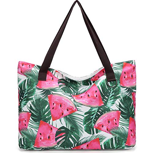 JANSBEN Bolsa de Playa Grande con Cremallera XXL Shopper Bolsa de Hombro Bolsos Totoes Bolso de Mano para Mujer Hombre (sandía)